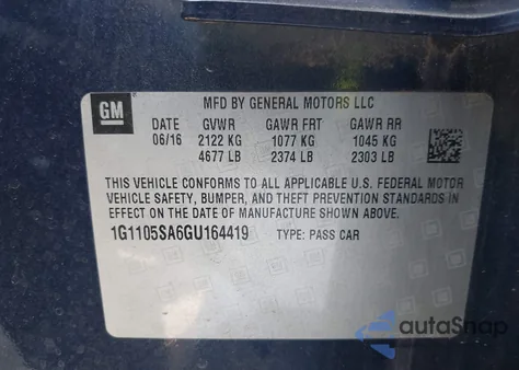 2016 Chevrolet Impala 1Lt from USA, damaged, VIN 1G1105SA6GU164419